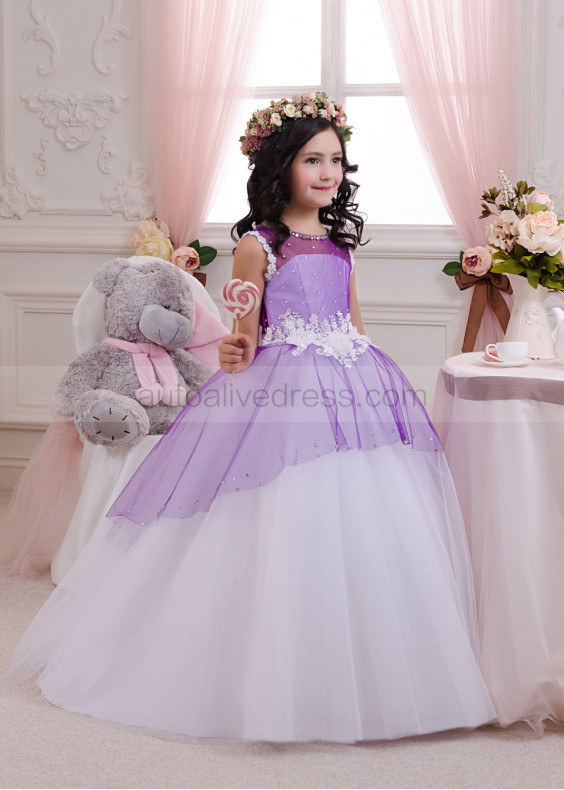 Purple Tulle Lace Keyhole Back Beaded Fashion Flower Girl Dress